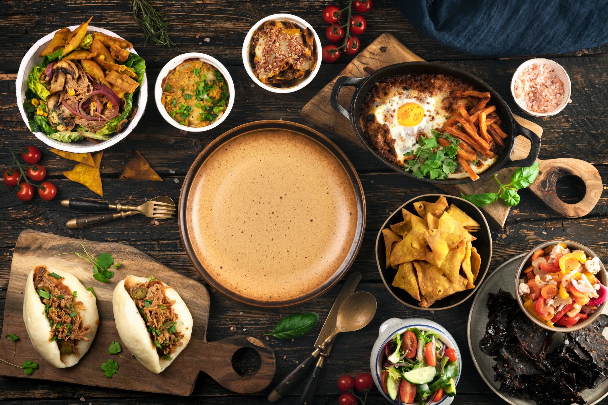 Minimal Scandinavian food table setting with copy space